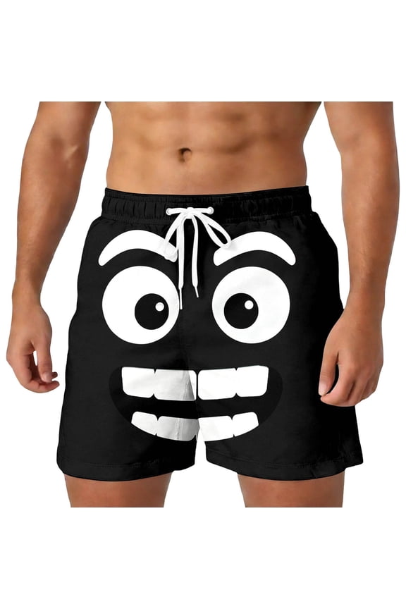 Men Funny 3D Face Printed Shorts - Soft Knitted Cartoon Expression Bottoms With Stereoscopic Design, Quirky Vacation Style Mens Shorts For Beach Party & Daily Fun Wear