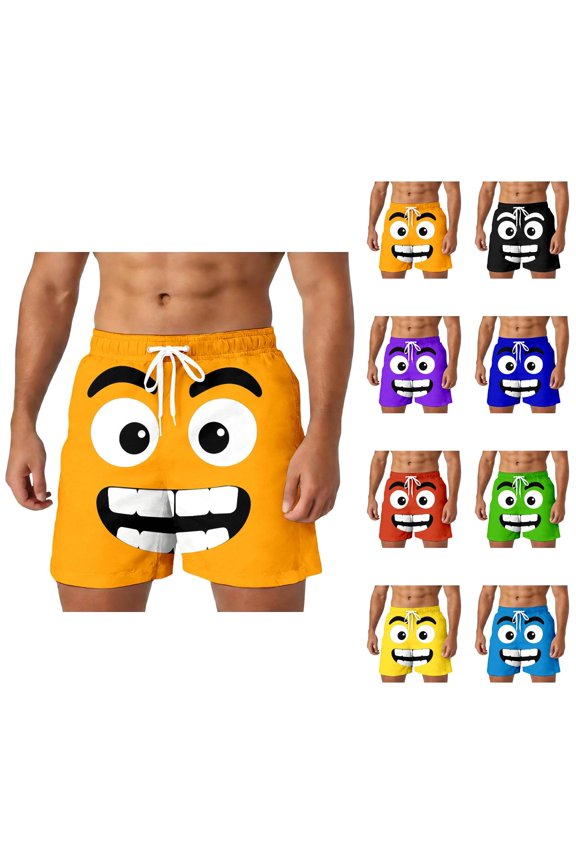 Men Funny 3D Face Printed Shorts - Soft Knitted Cartoon Expression Bottoms With Stereoscopic Design, Quirky Vacation Style Mens Shorts For Beach Party & Daily Fun Wear