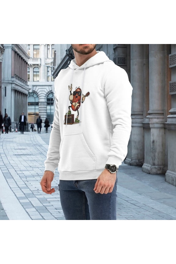 Men Funny Rock Band Football Character Guitar Amp Cartoon Graphic Pullover Hoodie, Rock Music Sport Hybrid Casual 230g Black Fleece Hoodie
