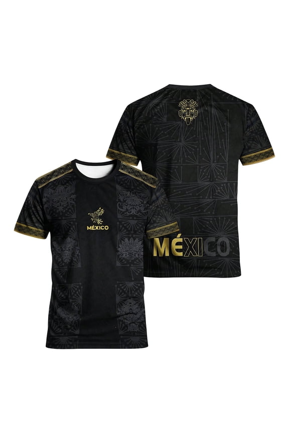 Men Funny Soccer Graphic Mexico Soccer Jerseys 2026 Mexico Soccer Tops Short Sleeve Crew Neck Black Gold Cultural Print Athletic Stadium Top shirts,Black XL