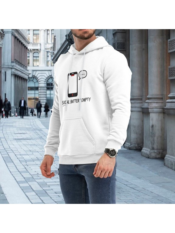 Men Funny Social Battery Empty Low Power Phone Chat Bubble Minimal Graphic Pullover Hoodie, Introvert Anti-social Casual 230g Black Hoodie