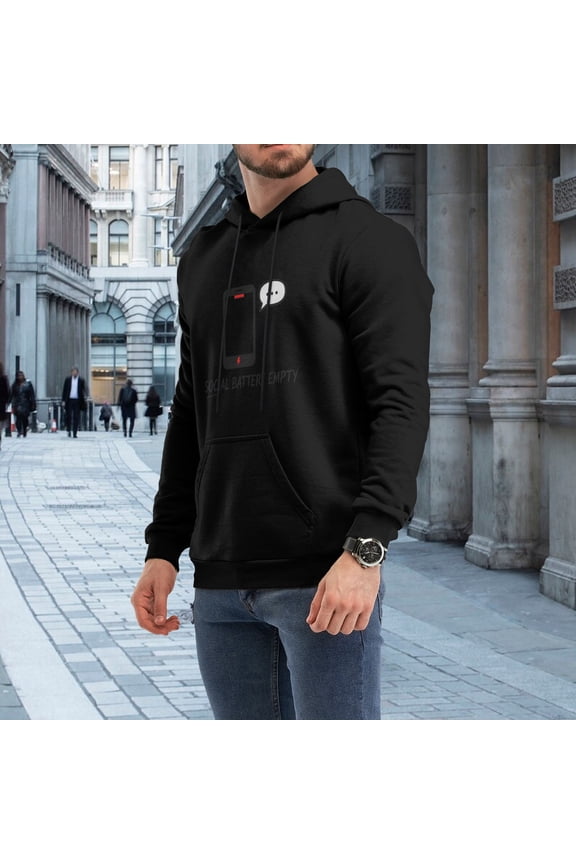 Men Funny Social Battery Empty Low Power Phone Chat Bubble Minimal Graphic Pullover Hoodie, Introvert Anti-social Casual 230g Black Hoodie