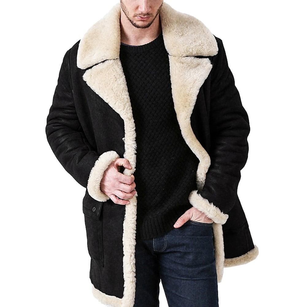 Men Fur Lined Jacket Warm Button Thick Fleece Coat Winter Long Parka