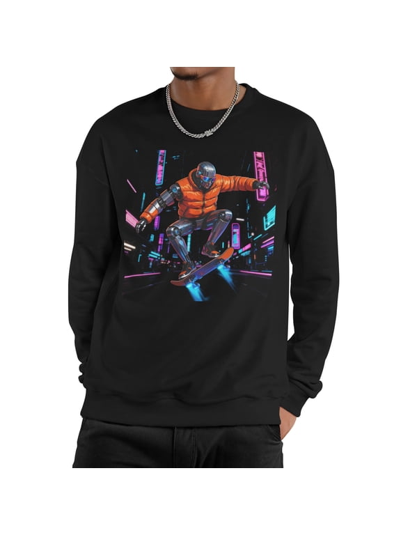 Men Futuristic Cyberpunk Robot Skater Orange Puffer Jacket Neon Night City Crew Neck Sweatshirt, Tech Sci-Fi Skate Fleece Pullover