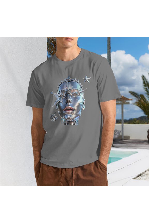 Men Futuristic Silver Chrome Elf Alien Head With Surround Stars Crew Neck T-Shirt, Y2K Cyber Fantasy Poly Cotton Casual Short Sleeve Tee