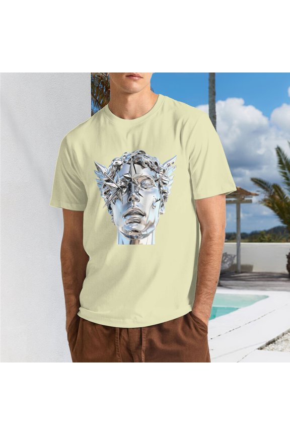 Men Futuristic Silver Chrome Winged Sculpture Head Star Arrow Crew Neck T-Shirt, Cyber Y2K Streetwear Poly Cotton Casual Short Sleeve Tee