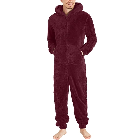 Men Fuzzy Hooded Onesie Pajama Full Zip Long Sleeve One Piece Loungewear Jumpsuit with Pockets