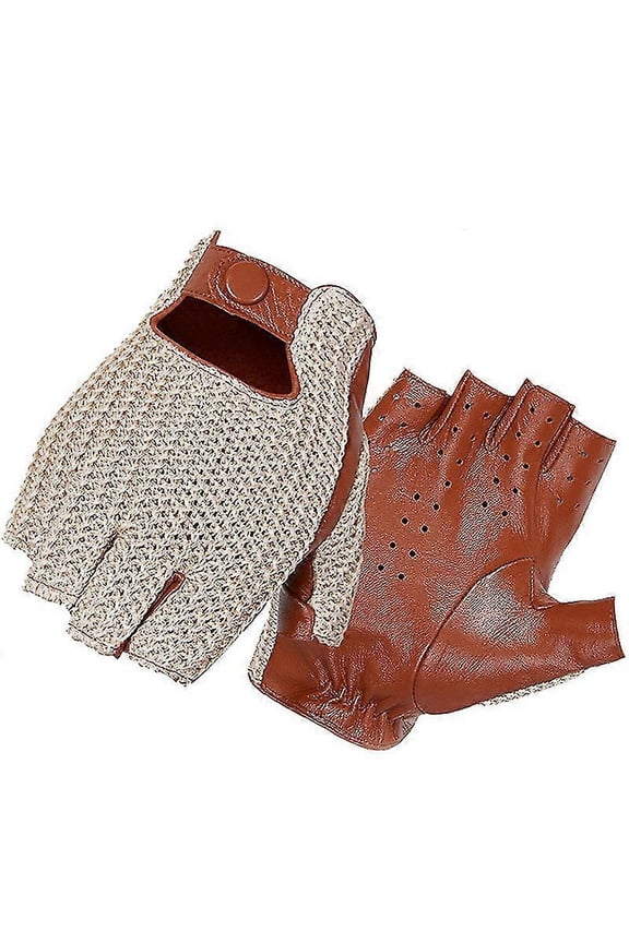 Men Genuine Goatskin Leather Gloves Half Finger Hook-loop Mittens Weave On The Back