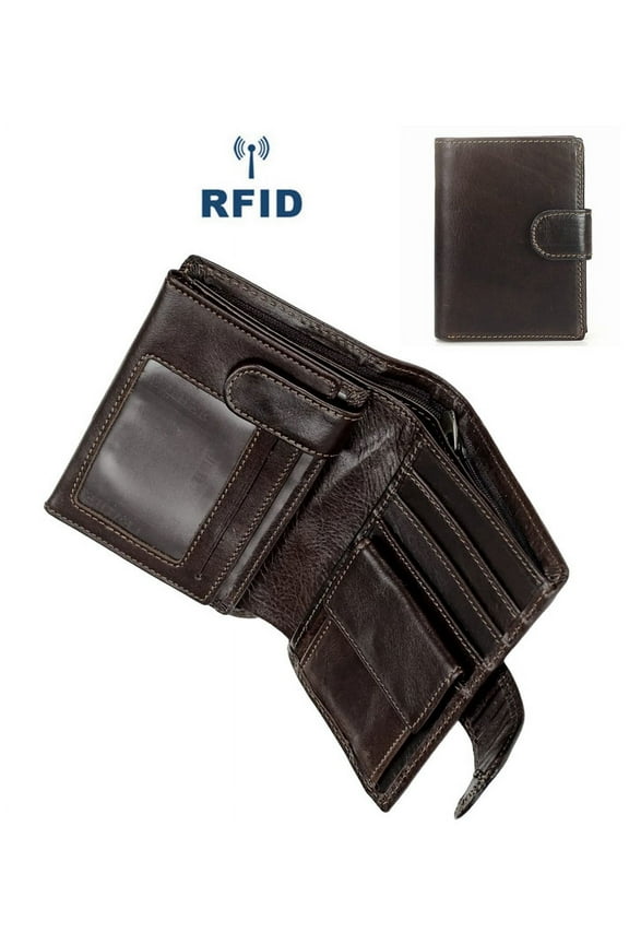Men Genuine Leather Bifold Hybrid Short Wallets, Flap Out Trifold Wallet 13 Credit Card Slots Holder 3 ID/Photo Window 1 Coin Pouch. RFID Blocking.