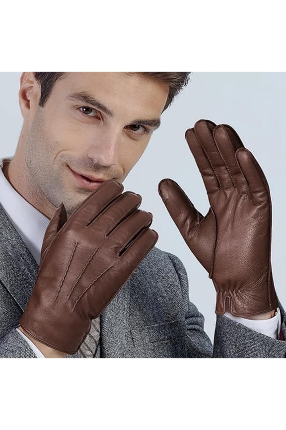 Men Genuine Leather Gloves Driving Gloves Warm Fur Lined Classic Dress Sheepskin Gloves Hand-stitched