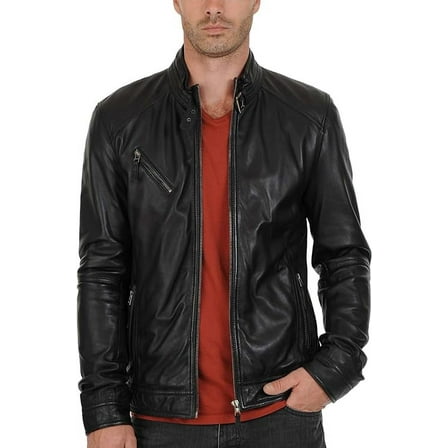 Men Genuine Leather Jacket Lambskin Winter Vintage Motorcycle Biker Black A061