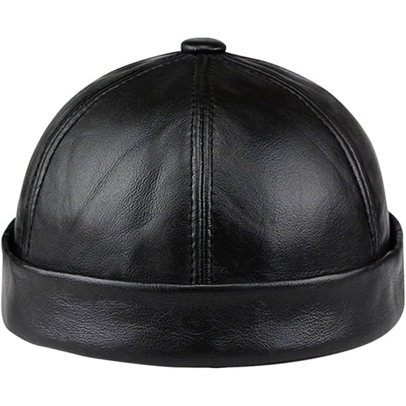 Men Genuine Leather Skullcap, Sailor Cap Hat,Rolled Cuff Vintage Cap Brimless Cap,Genuine Leather Hat for Men Fashion,Black,L