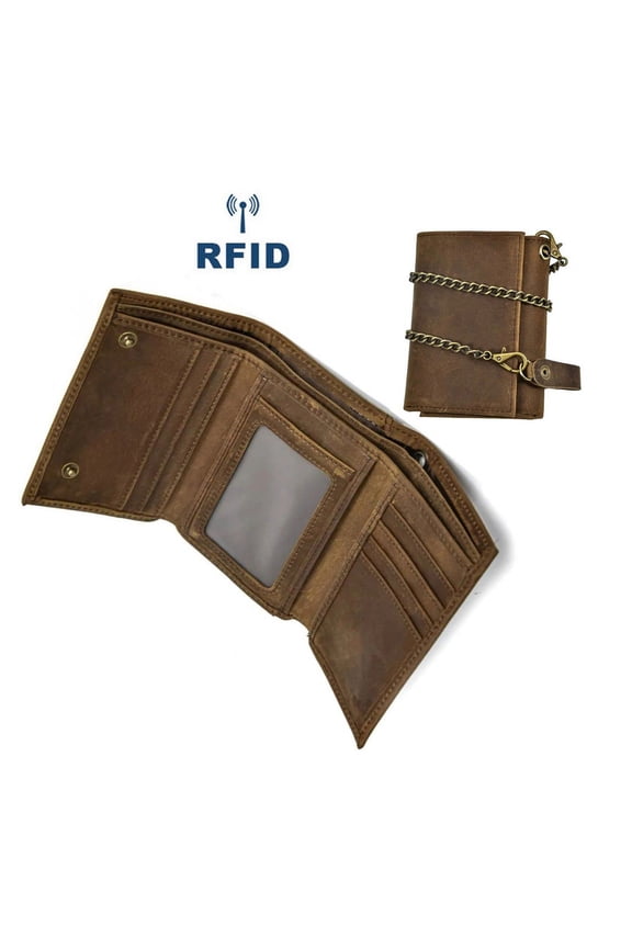 Men Genuine Leather Trifold Short Wallet with Metal Chain. Retro Vintage Crazy Horse Leather Biker Wallet. RFID Blocking.