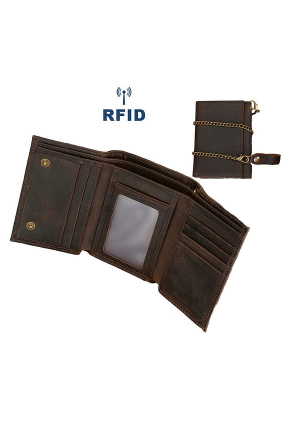 Men Genuine Leather Trifold Short Wallet with Metal Chain. Retro Vintage Crazy Horse Leather Biker Wallet. RFID Blocking.