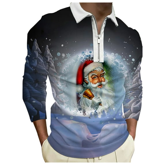 Men Geometric Christmas Printed Holiday Lapel Half Zipper Shirts Long Sleeve Shirts Life Male Regular Fit Breathable Blouses