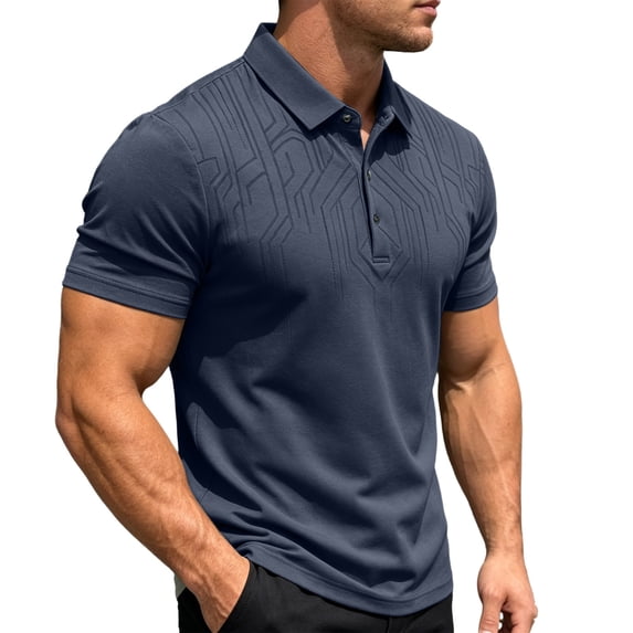 Men Geometric Embossed Polo Shirt, Cooling Breathable Short Sleeve Lapel Collar 3 Button Business Casual Summer Top Size 3XL Navy