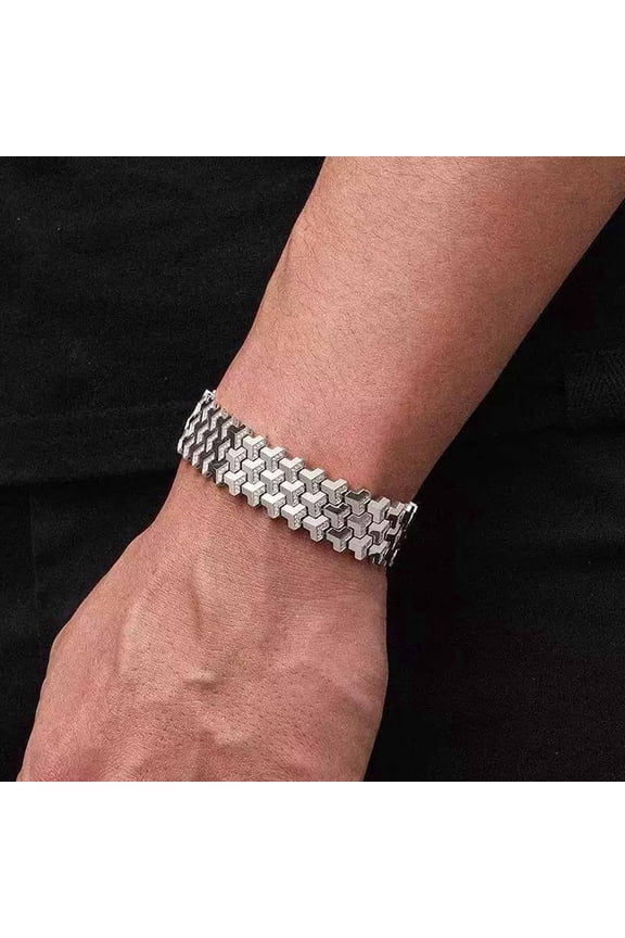 Men Geometric Link Bracelet, Handmade Modern Out Jewelry Accessories for Men Silver 6.5 inches