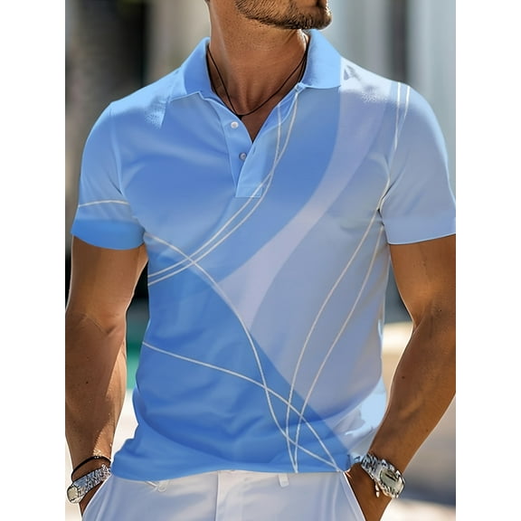 Men Geometric Print Golf Shirt Short Sleeve Athletic Botton up Pullover Tops Blue L