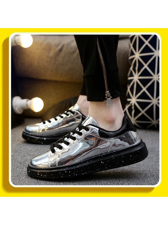 Men Glossy Blue Patent Leather Skate Shoes Non Slip Thick Platform Lace Up Fashion Street Casual Sneakers