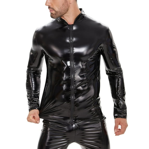 Men Glossy Leather Shirt, Long Sleeve, Stand Collar, Male Shiny Latex Casual Coat
