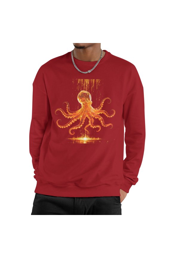 Men Glow Orange Circuit Cyber Octopus Golden Digital Rain Reflection Space Crew Neck Sweatshirt, Futuristic Ocean Tech Fleece Pullover