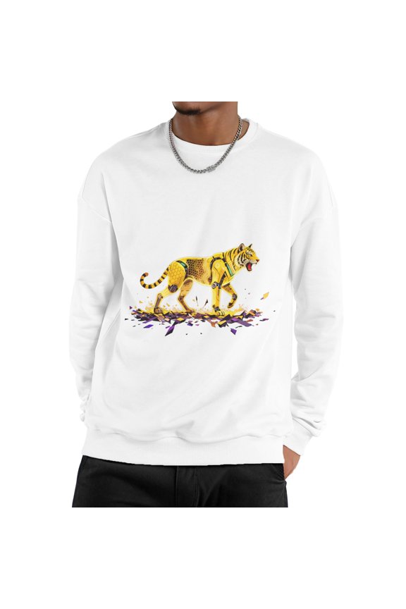 Men Glowing Golden Cyber Mecha Tiger Shatter Purple Debris Futuristic Sci-Fi Crew Neck Sweatshirt, Tech Animal Street Fleece Pullover