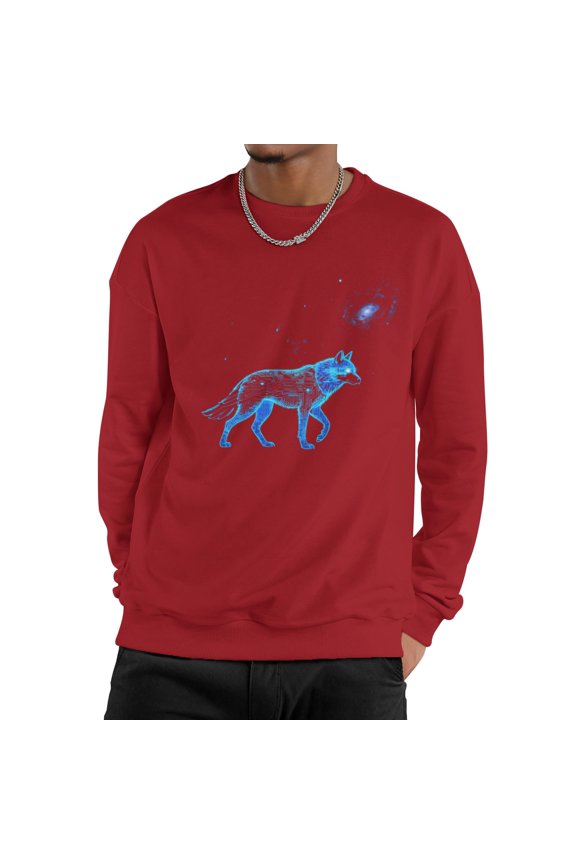 Men Glowing Neon Circuit Cyber Wolf Starry Galaxy Nebula Sci-Fi Crew Neck Sweatshirt, Futuristic Tech Animal Space Fleece Pullover