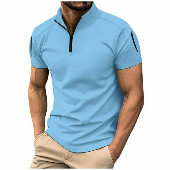 Men Golf Polo Shirts Loose Short Sleeve Tshirts Stand Collar Blouses Zip Neck Tees Mens Pure Color Athletic Sport Outfits Tops