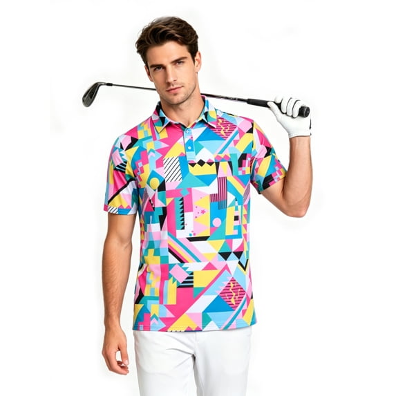 Aideaone Men Golf Polo Shirts Short Sleeve Button Down Gradient Tropical 3D Print Dry Fit Moisture Wicking Athletic Performance Shirt