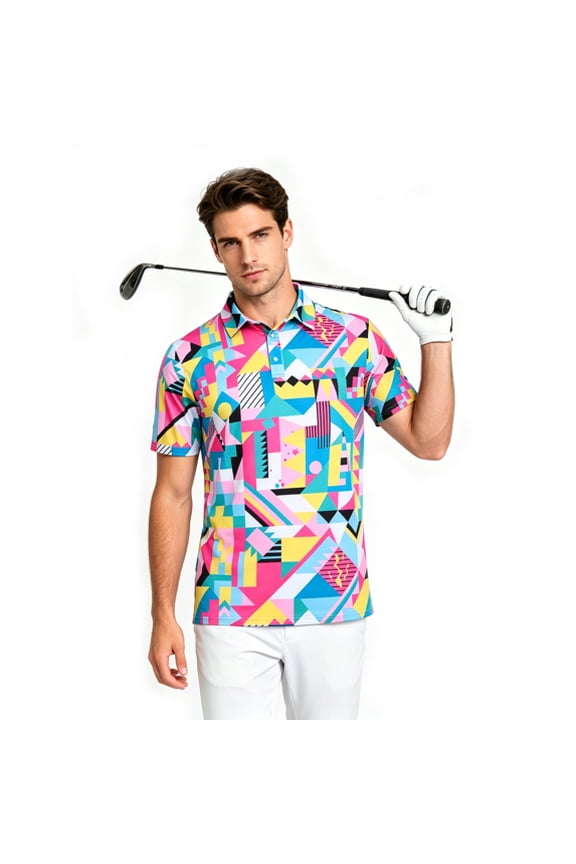 Men Golf Polo Shirts Short Sleeve Button Down Gradient Tropical 3D Print Dry Fit Moisture Wicking Athletic Performance Shirt