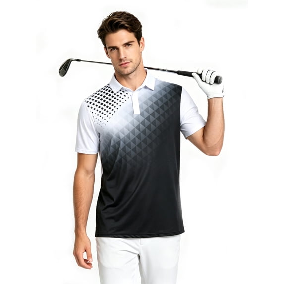 Aideaone Men Golf Polo Shirts Short Sleeve Button Down Gradient Tropical 3D Print Dry Fit Moisture Wicking Athletic Performance Shirt