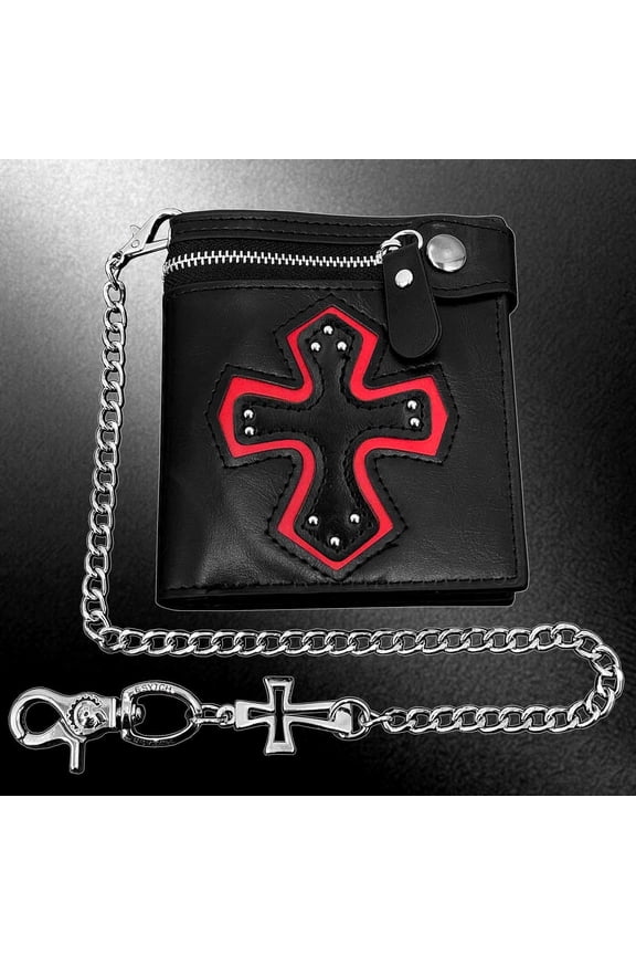 Men Gothic Red Cross Wallet Skull Punk Biker Purse with Chain