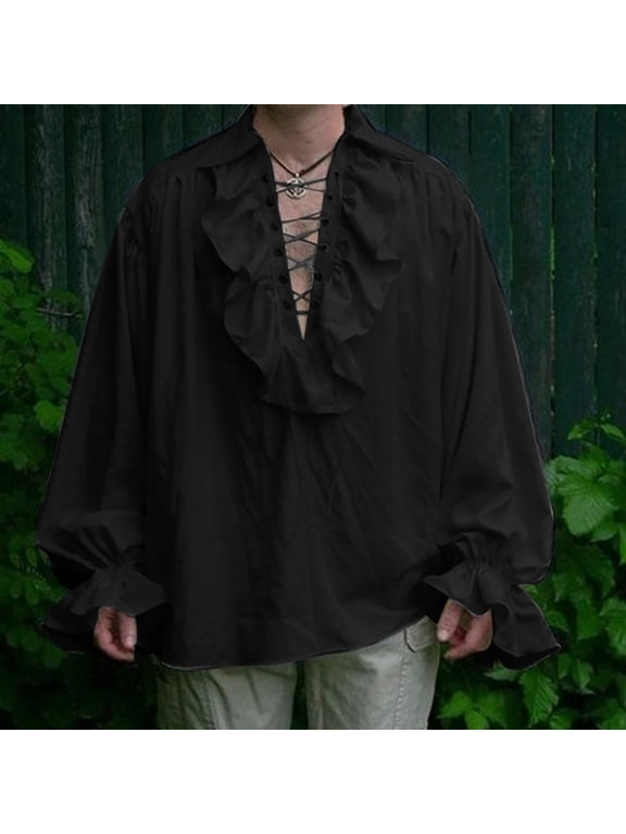 Men Gothic Ruffle Lace Up Long Sleeve Shirt Linen Blend Pirate Costume Shirt Medieval Renaissance Vampire Blouse Steampunk Halloween Cosplay Top Black 5XL