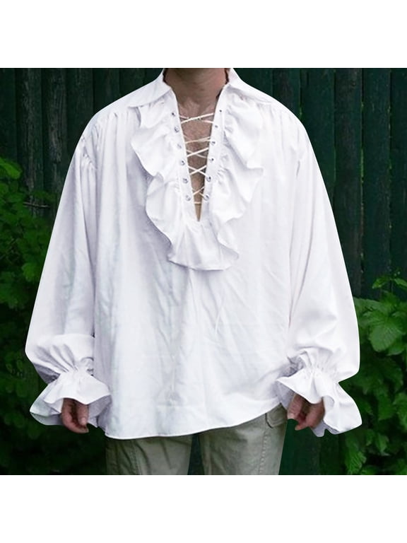Men Gothic Ruffle Lace Up Long Sleeve Shirt Linen Blend Pirate Costume Shirt Medieval Renaissance Vampire Blouse Steampunk Halloween Cosplay Top White S