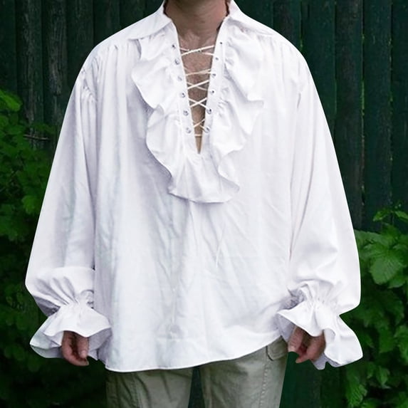 Men Gothic Ruffle Lace Up Long Sleeve Shirt Linen Blend Pirate Costume Shirt Medieval Renaissance Vampire Blouse Steampunk Halloween Cosplay Top White S