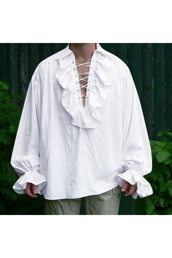 Men Gothic Ruffle Lace Up Long Sleeve Shirt Linen Blend Pirate Costume Shirt Medieval Renaissance Vampire Blouse Steampunk Halloween Cosplay Top White S
