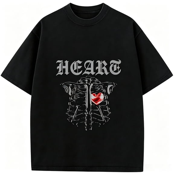 Men Gothic Skeleton Ribcage Heart Graphic T‑Shirt Crew Neck Loose Short Sleeve Streetwear Tee