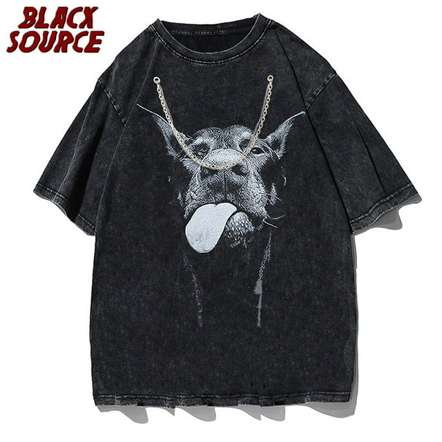 Men Gothic T-shirts Hip Hop Streetwear Letter Dog Printed Punk Tops ...