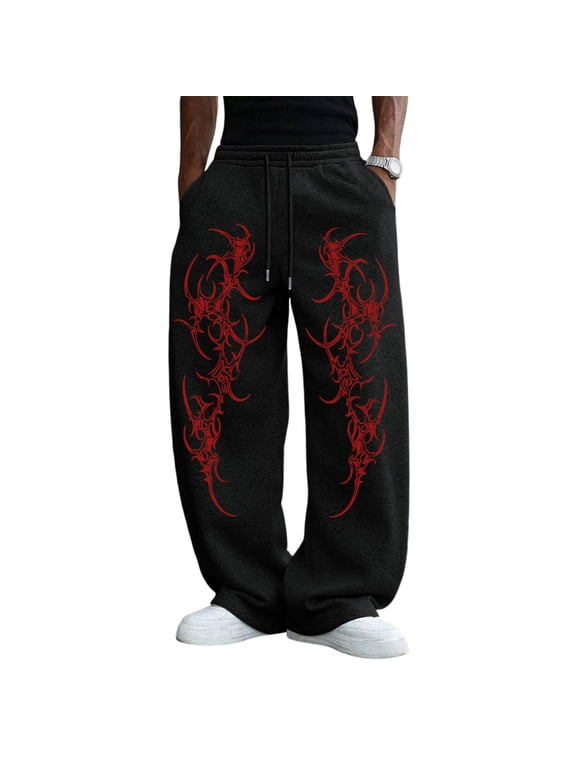 Men Gothic Tribal Graphic Print Baggy Sweatpants, Drawstring Elastic Waist Wide Leg Trousers, Loose Fit Hip Hop Streetwear Pants With Deep Pockets For Casual Daily Wear Black M