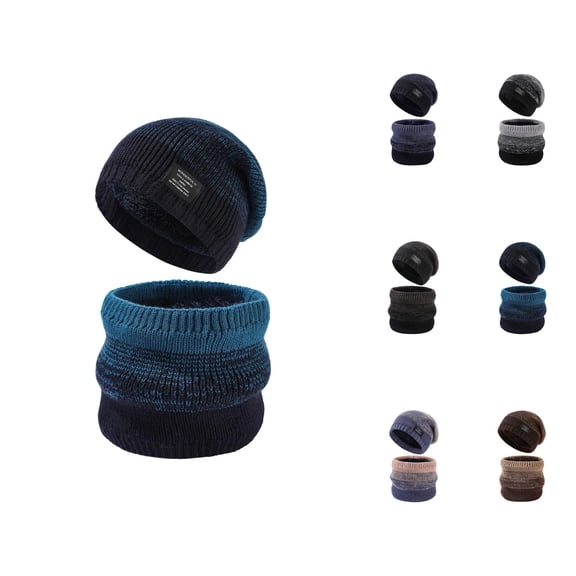 Men Gradient Color Knit Beanie Set - Plush Thick Hat And Neck Warmer Combo, Winter Warm Stocking Stuffers, For Snow Outdoor Motorcycle Riding