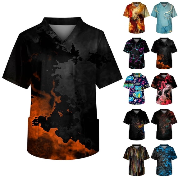 Men Gradient Marble Printed Scrub Top Comfort V Neck Short Sleeve Nursing Workwear with 3 Pockets Purple 5XL