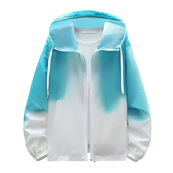 Men Gradient Zip Up Jackets Sun Protection Long Sleeve Shirt Color Block Drawstring Outwear