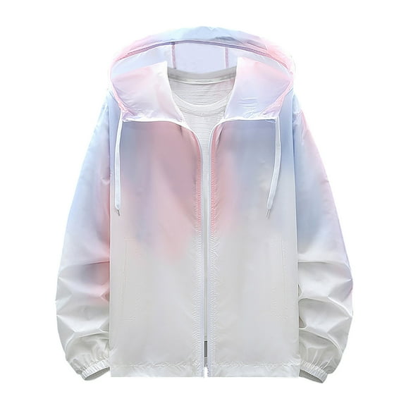 Men Gradient Zip Up Jackets Sun Protection Long Sleeve Shirt Color Block Drawstring Outwear