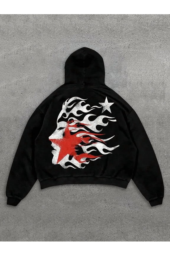 Men Graphic Long Sleeve Cotton Pullover Hoodies, Y2K Streetwear, Grunge Goth Jesus Style, Halloween And Christmas Gift For Couples,