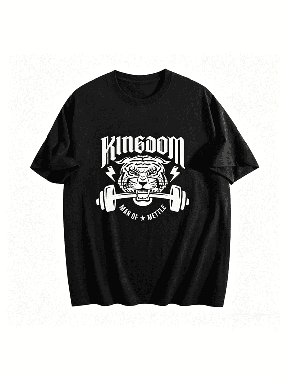 Men Graphic T Shirts 100% Cotton Tiger Weightlifting Graphic T-Shirt Kingdom Man of Mettle Gym Workout Short Sleeve Tee,Black,XL