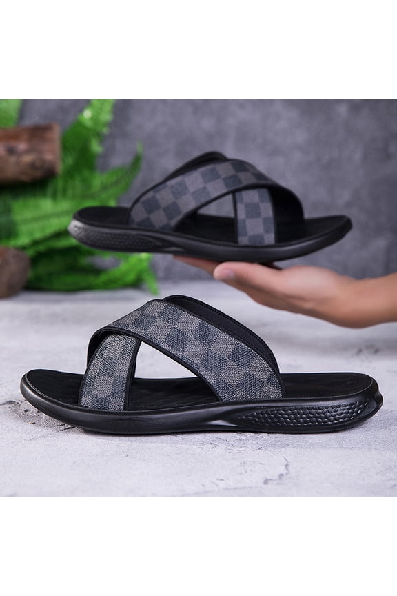 Men Gray Checkerboard Cross Strap Massage Insole Platform Slide Sandals Casual Daily Slippers