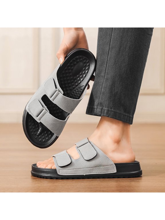 Men Gray Double Velcro Hollow Slide Sandals Bubble Massage Insole Thick Platform Indoor Outdoor Slippers