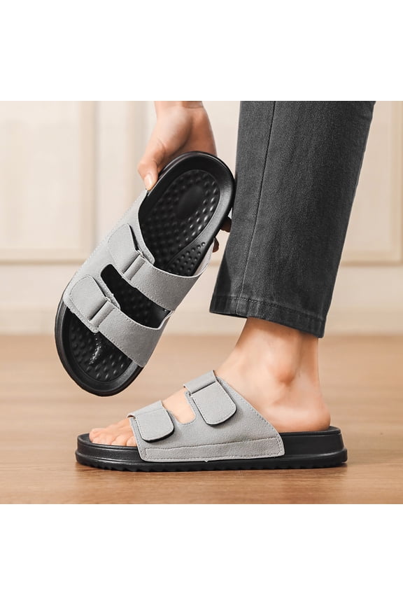 Men Gray Double Velcro Hollow Slide Sandals Bubble Massage Insole Thick Platform Indoor Outdoor Slippers
