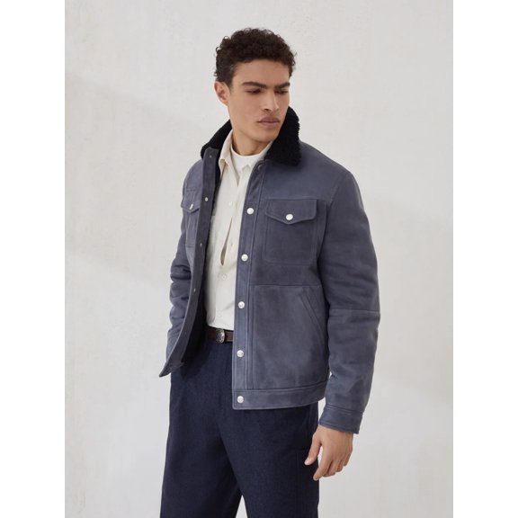 Men Gray Faux Suede Sherpa Collar Lined Trucker Jacket Button Down Warm Long Sleeve Fall Winter Outer Coat