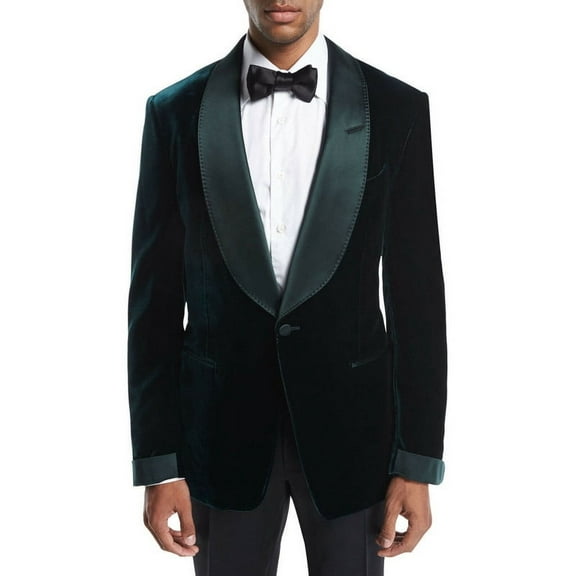Men Green Velvet Smoking Jacket One-Button Evening Cocktail Blazer